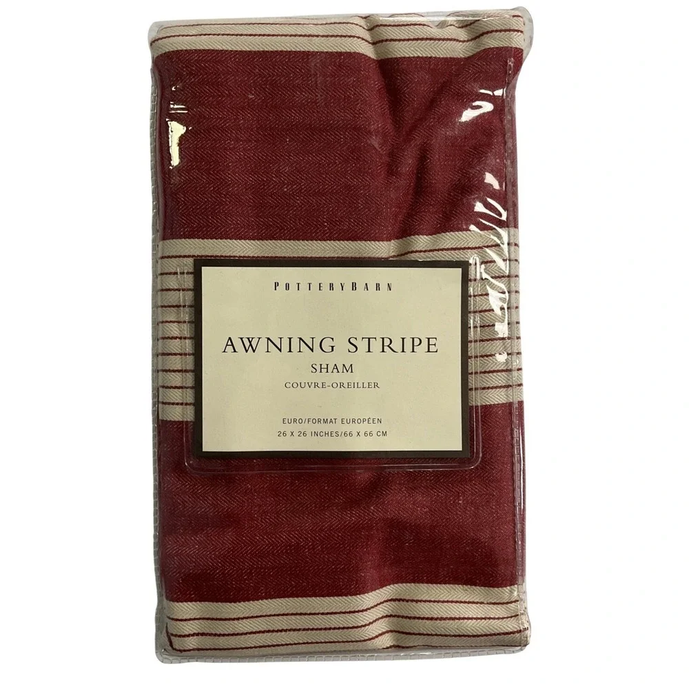 Pottery Barn Awning Stripe Euro‎ Pillow Sham Cotton Linen Blend Red Tan 26x26